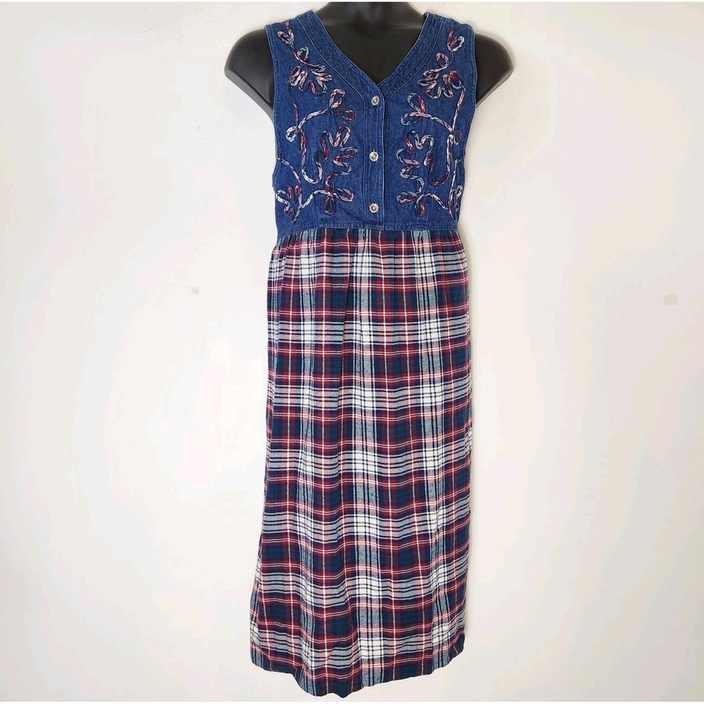 Vintage 90s Denim Plaid Maxi Dress Est. L Butter Mom Cottagecore Prairie 1995